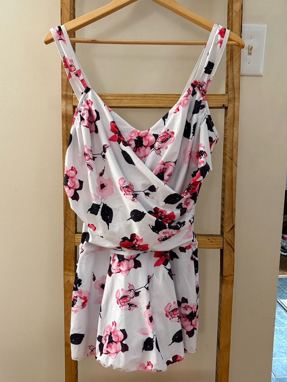 White Swim Dress with Pink Floral Pattern and Adjustable Straps